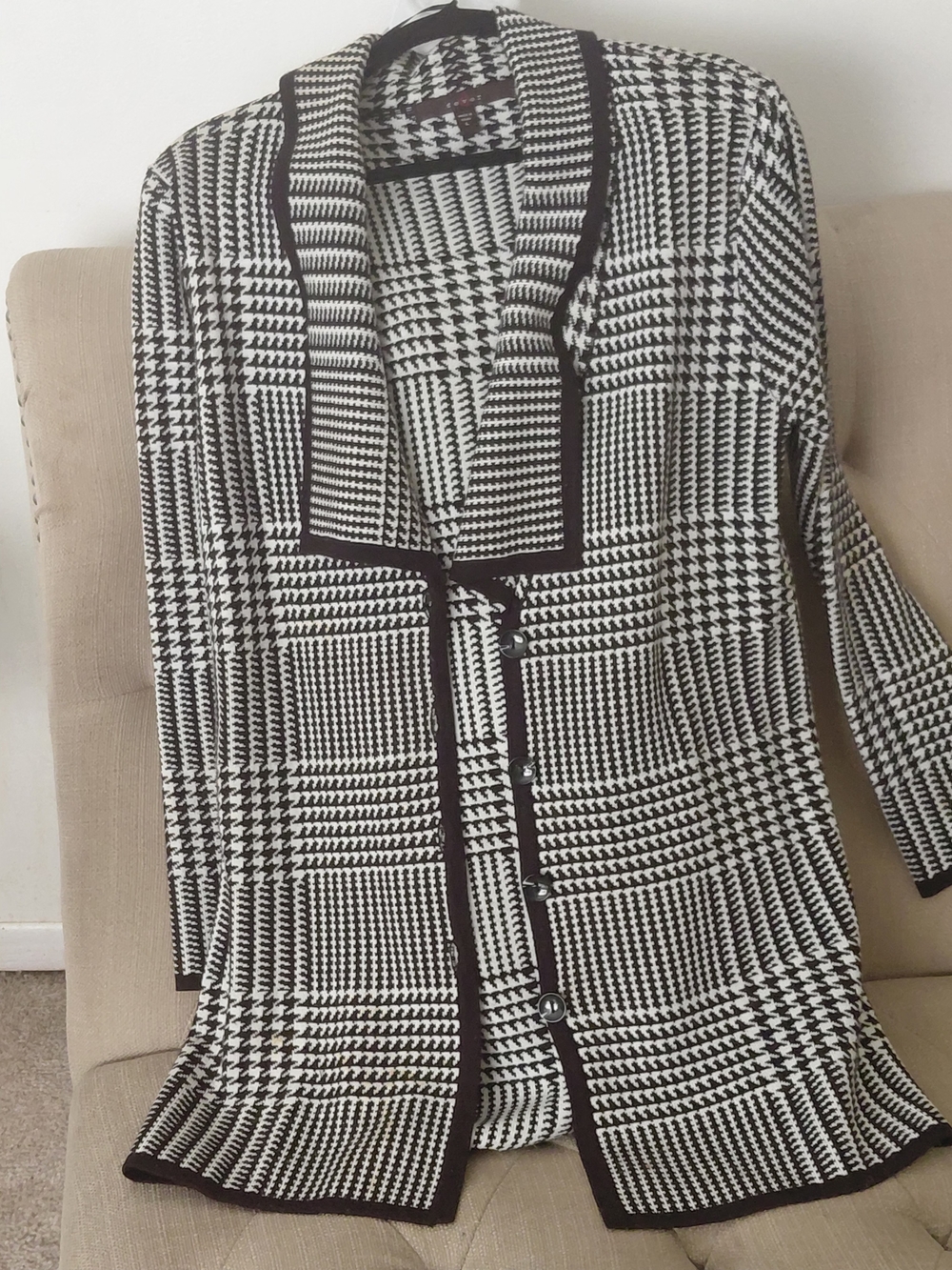 Fever Black and White Houndstooth Open Front Cardigan Blazer